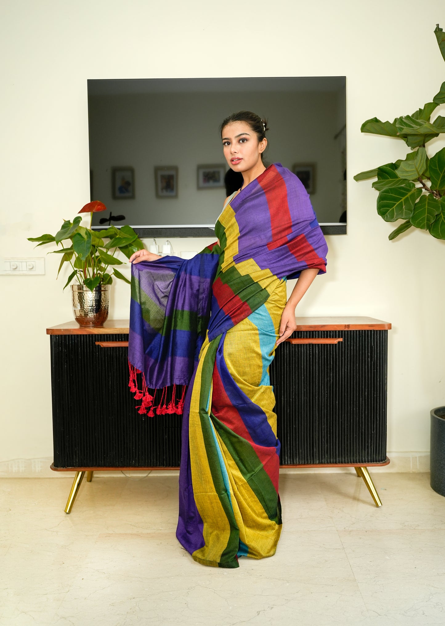 Multi-Color Spectrum Stripes Handwoven Cotton Saree