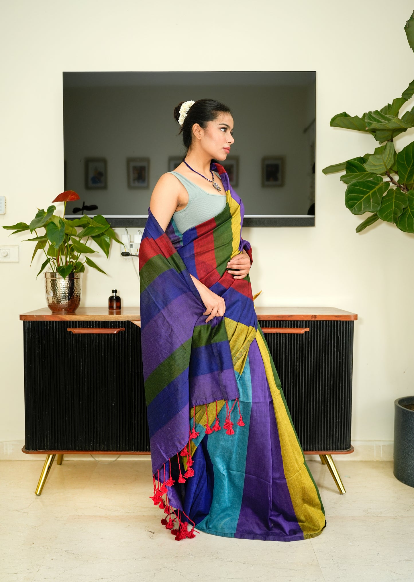 Multi-Color Spectrum Stripes Handwoven Cotton Saree