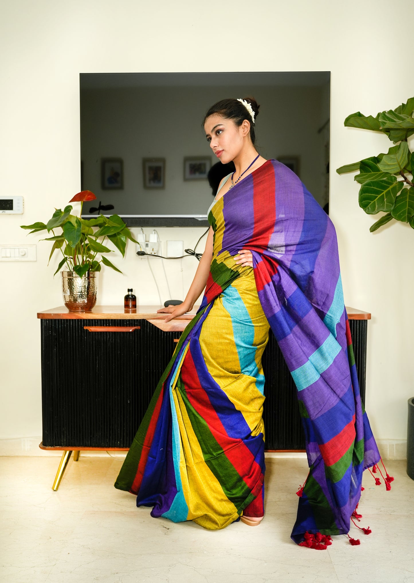 Multi-Color Spectrum Stripes Handwoven Cotton Saree