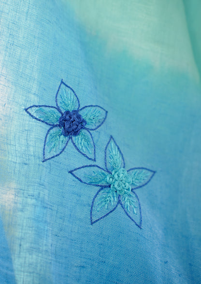 Aqua Blue Linen Saree with Hand Embroidered Floral Motifs