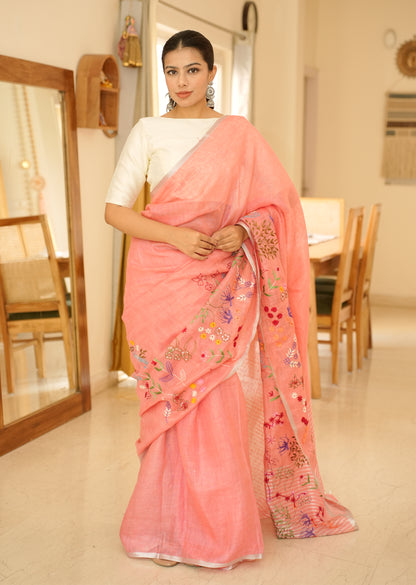 Elegant Handwoven Pink Linen Saree with Floral Embroidery