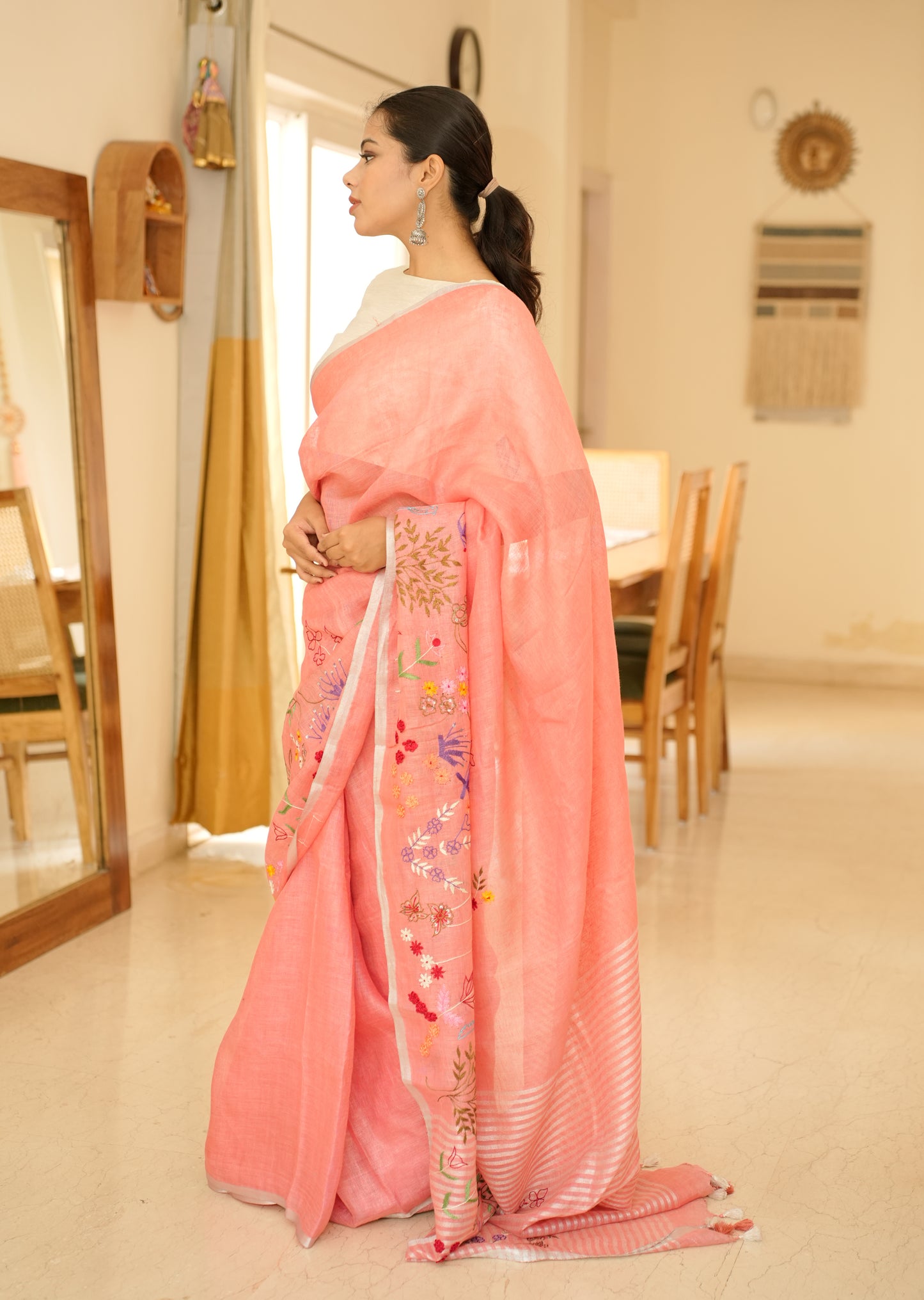 Elegant Handwoven Pink Linen Saree with Floral Embroidery
