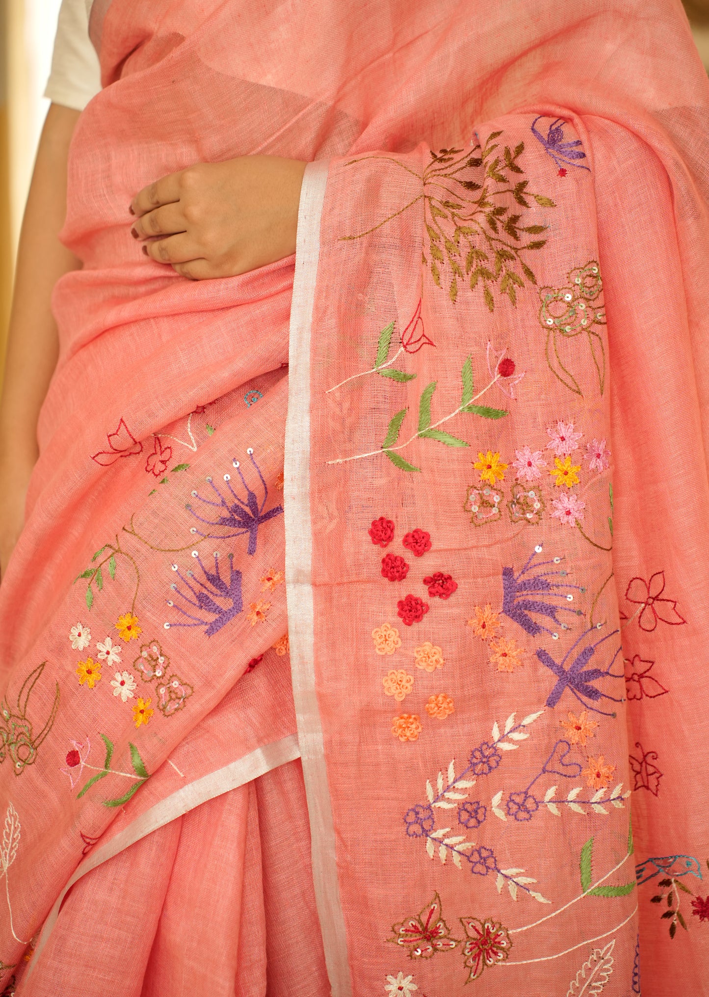 Elegant Handwoven Pink Linen Saree with Floral Embroidery