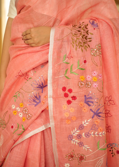 Elegant Handwoven Pink Linen Saree with Floral Embroidery