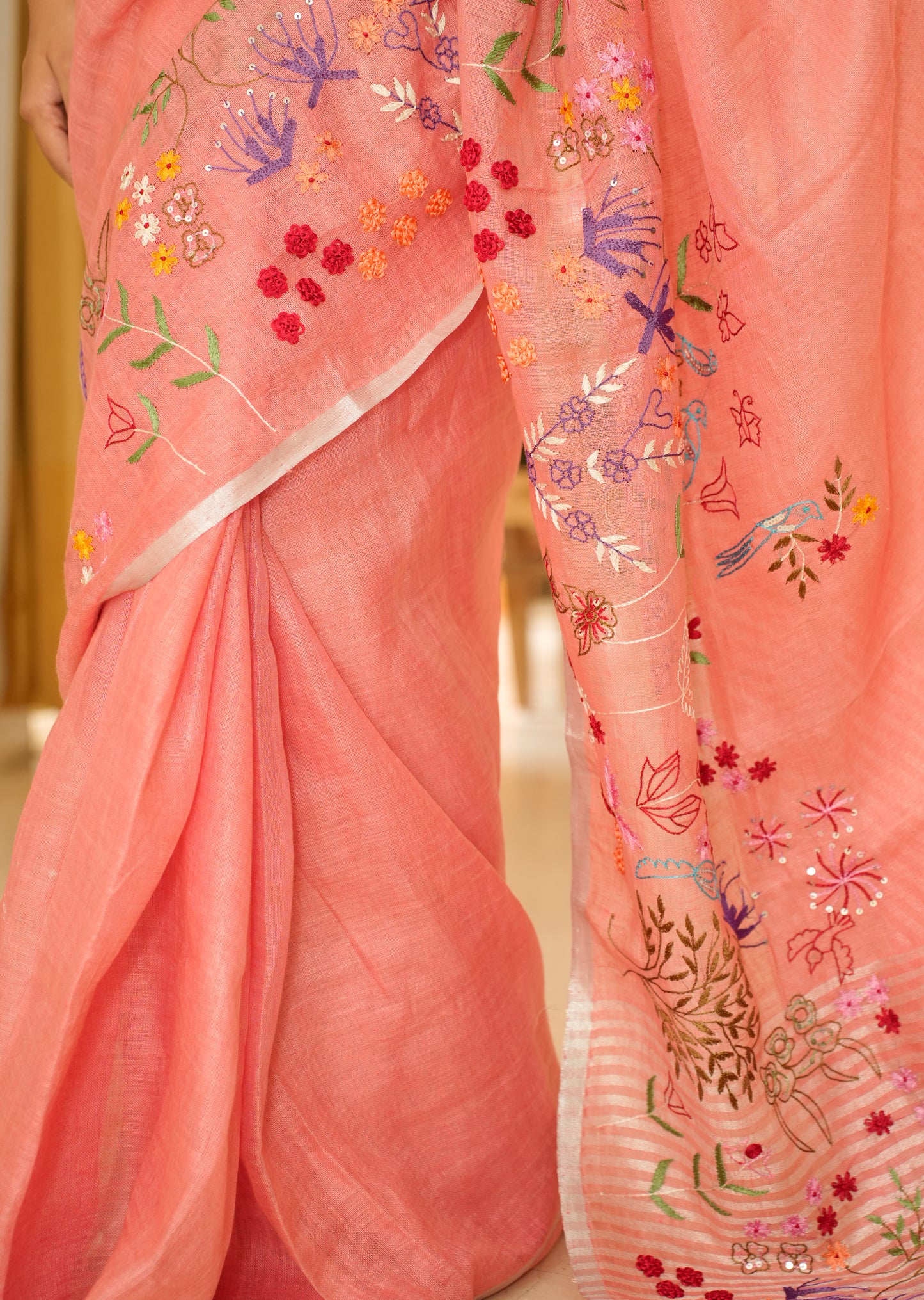 Elegant Handwoven Pink Linen Saree with Floral Embroidery