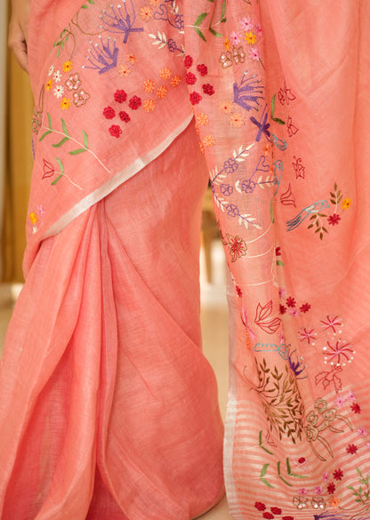 Elegant Handwoven Pink Linen Saree with Floral Embroidery