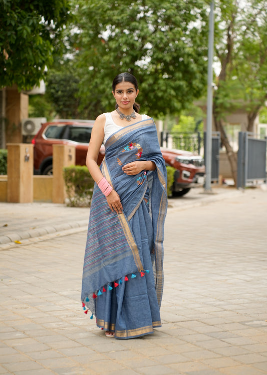 Handwoven Blue Linen Saree with Tassel & Hand Embroidery