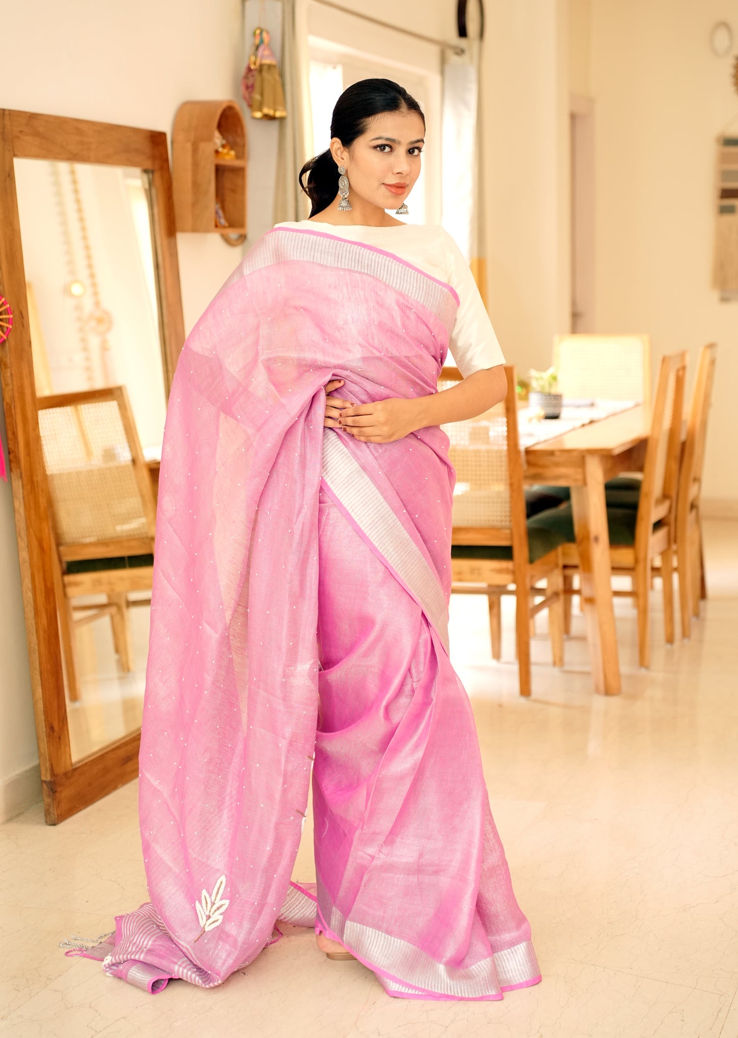Cosmic Pink Linen Saree with Exquisite Handcrafted Zardosi Embroidery