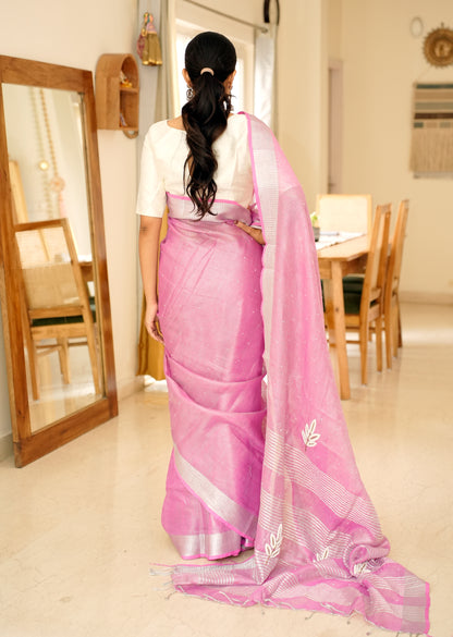 Cosmic Pink Linen Saree with Exquisite Handcrafted Zardosi Embroidery