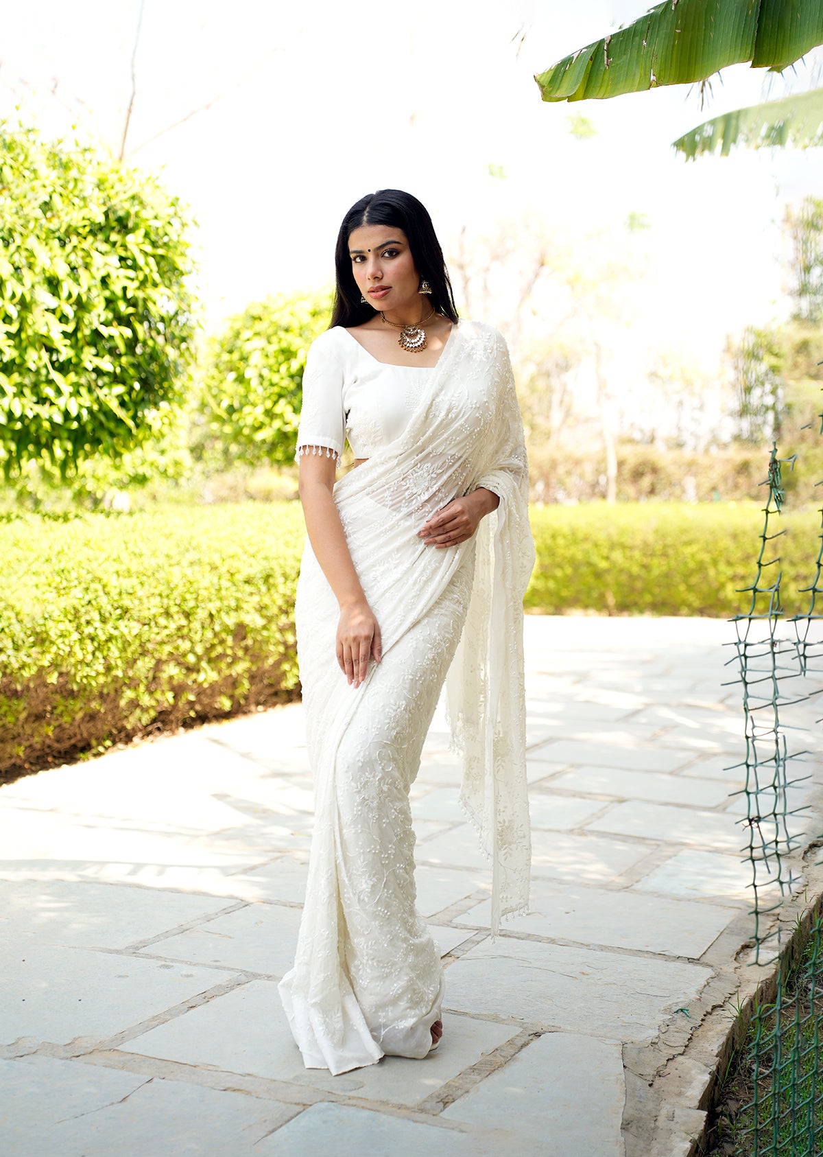 White Sequin Draped Saree with Elegant Blouse