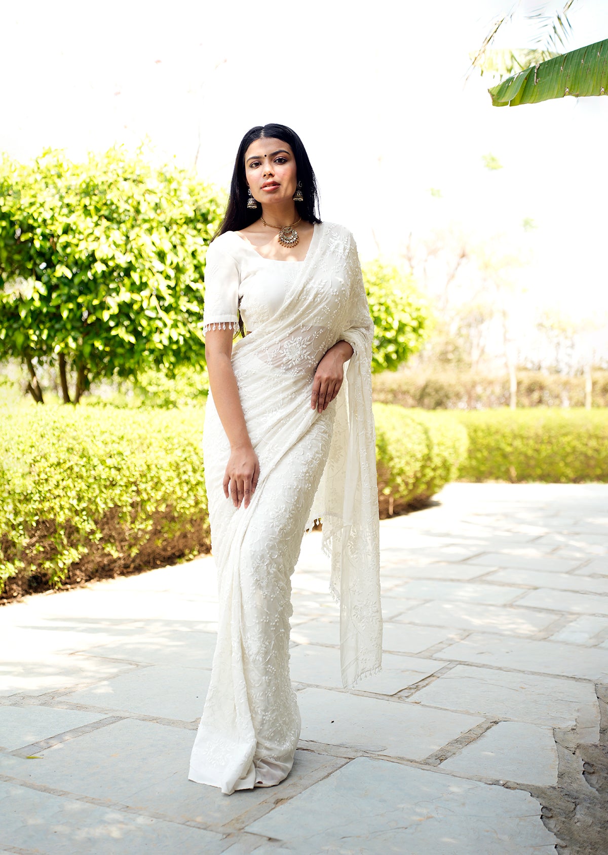 White Sequin Draped Saree with Elegant Blouse
