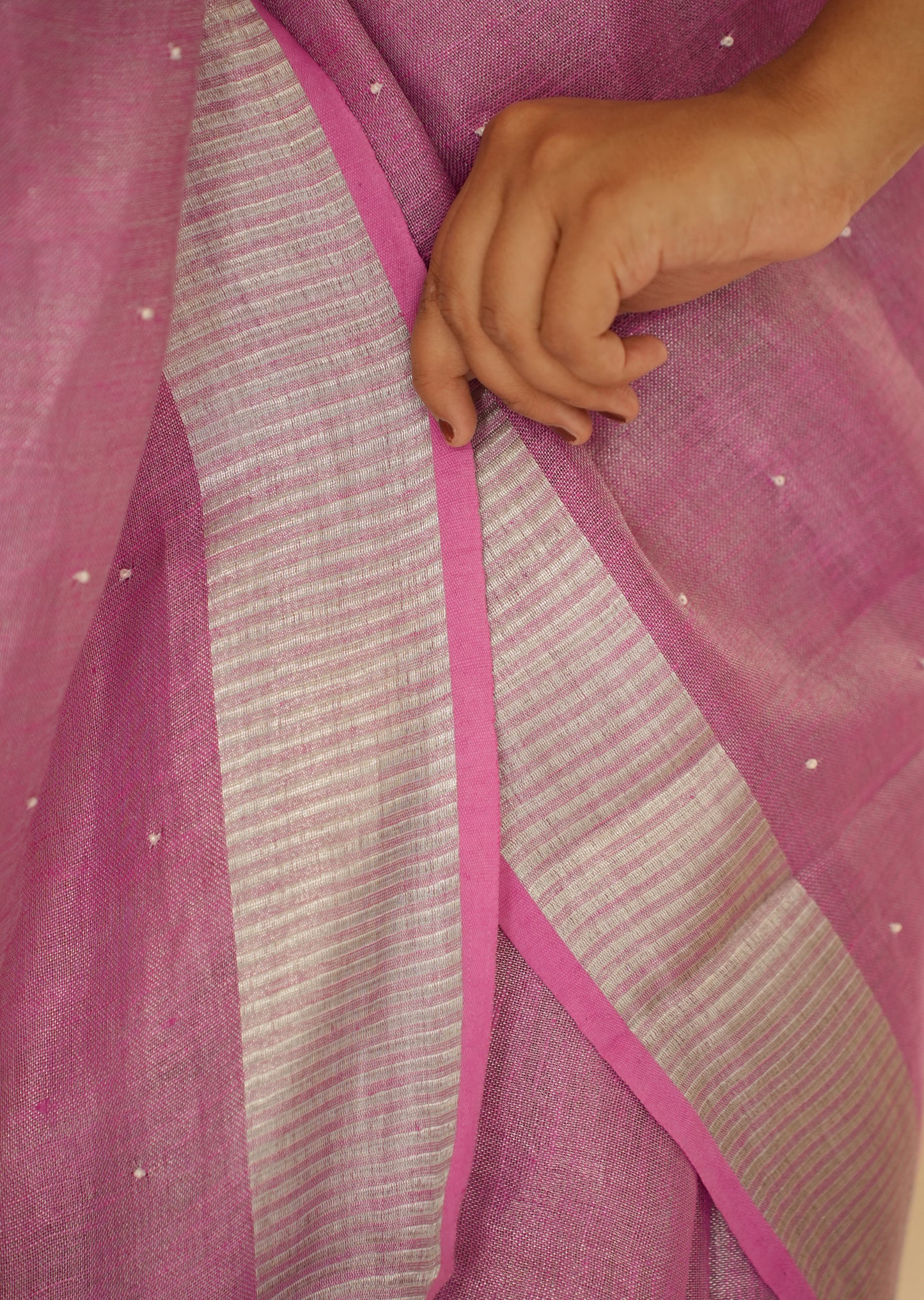 Cosmic Pink Linen Saree with Exquisite Handcrafted Zardosi Embroidery