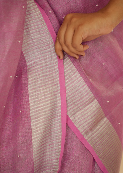 Cosmic Pink Linen Saree with Exquisite Handcrafted Zardosi Embroidery
