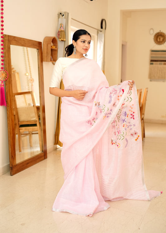 गुलाबो Linen Saree with Elegant Floral Hand Embroidery