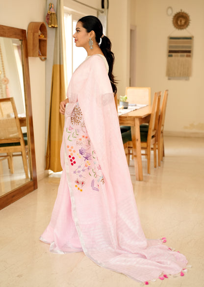 गुलाबो Linen Saree with Elegant Floral Hand Embroidery