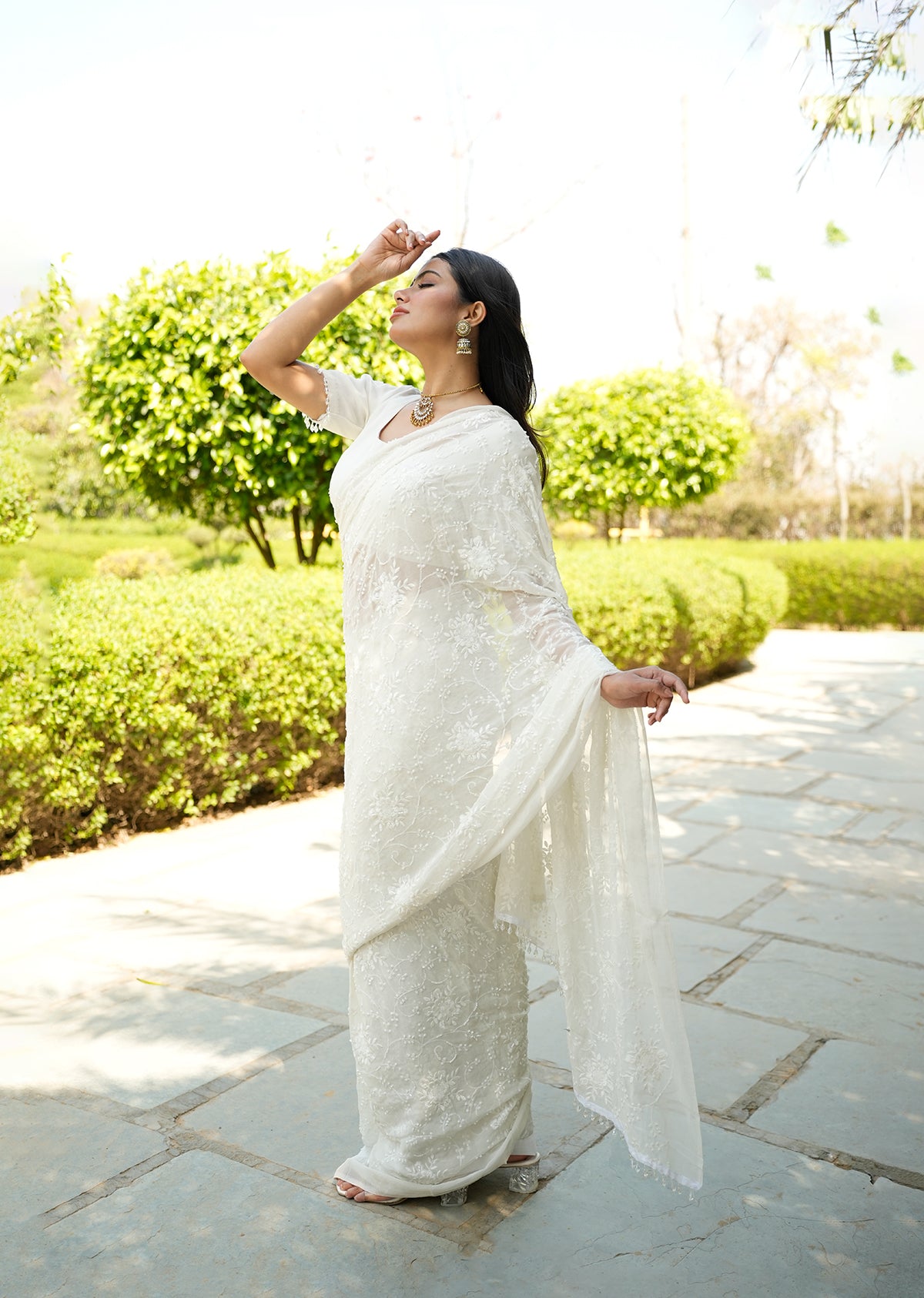 White Sequin Draped Saree with Elegant Blouse