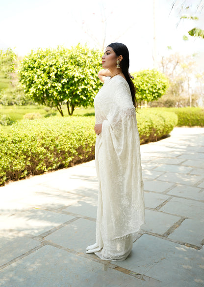 White Sequin Draped Saree with Elegant Blouse