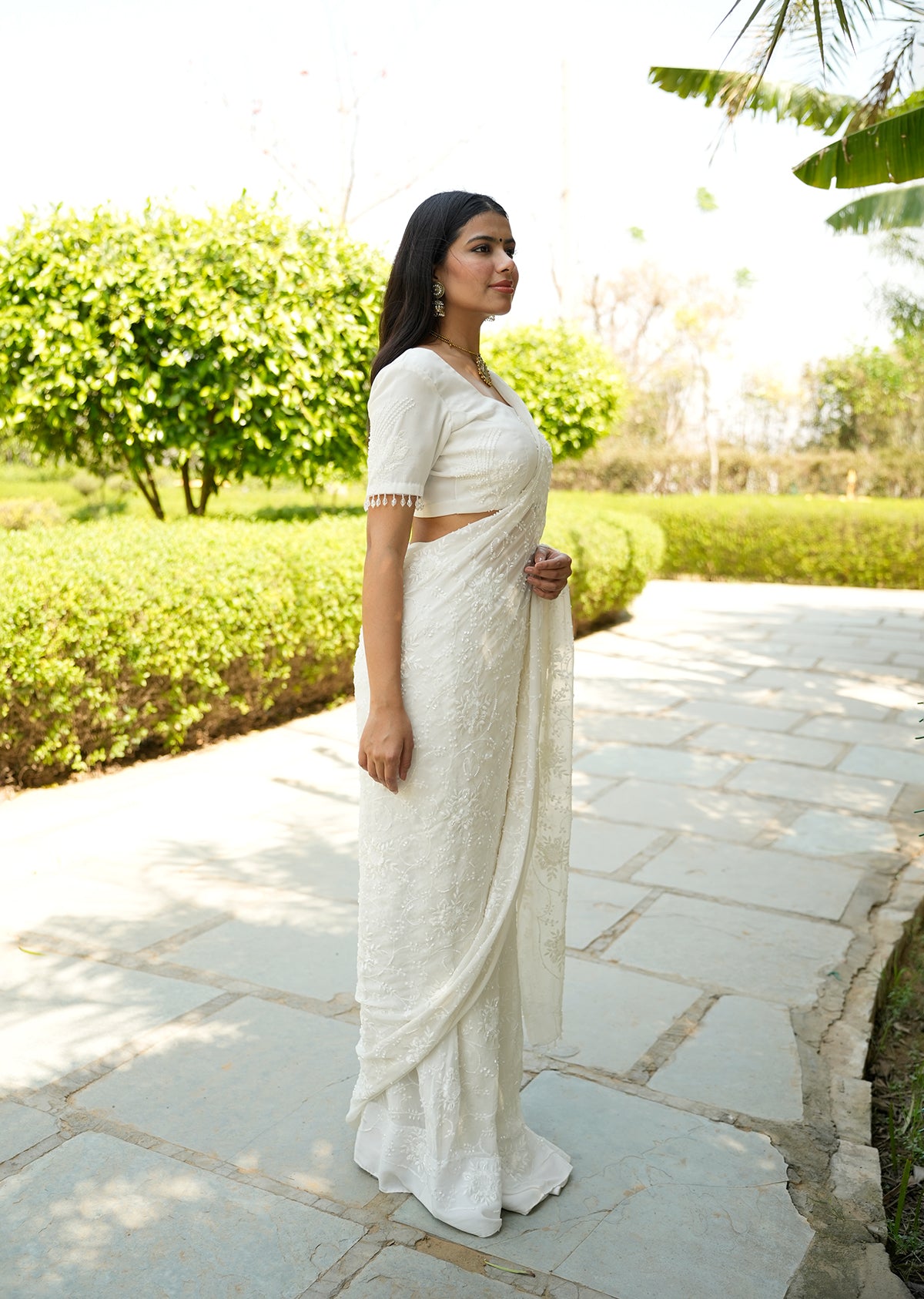 White Sequin Draped Saree with Elegant Blouse