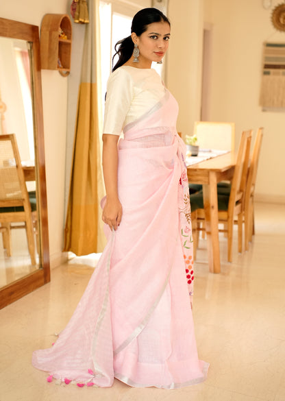 गुलाबो Linen Saree with Elegant Floral Hand Embroidery