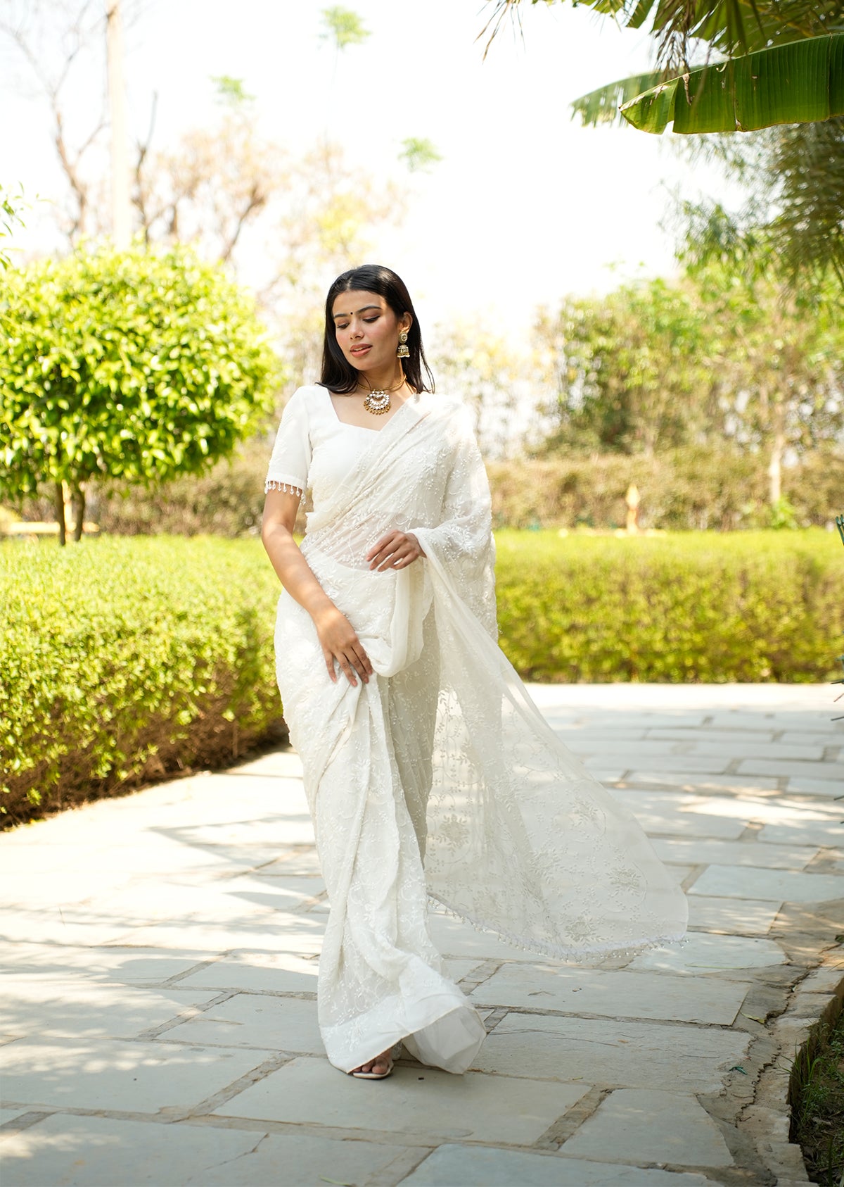 White Sequin Draped Saree with Elegant Blouse