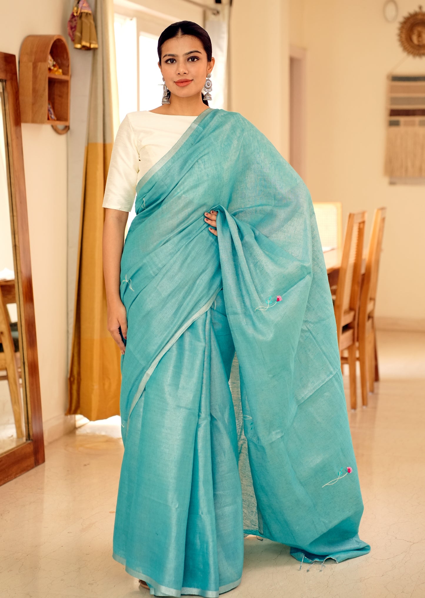 Aqua Whisper Handwoven Linen Saree