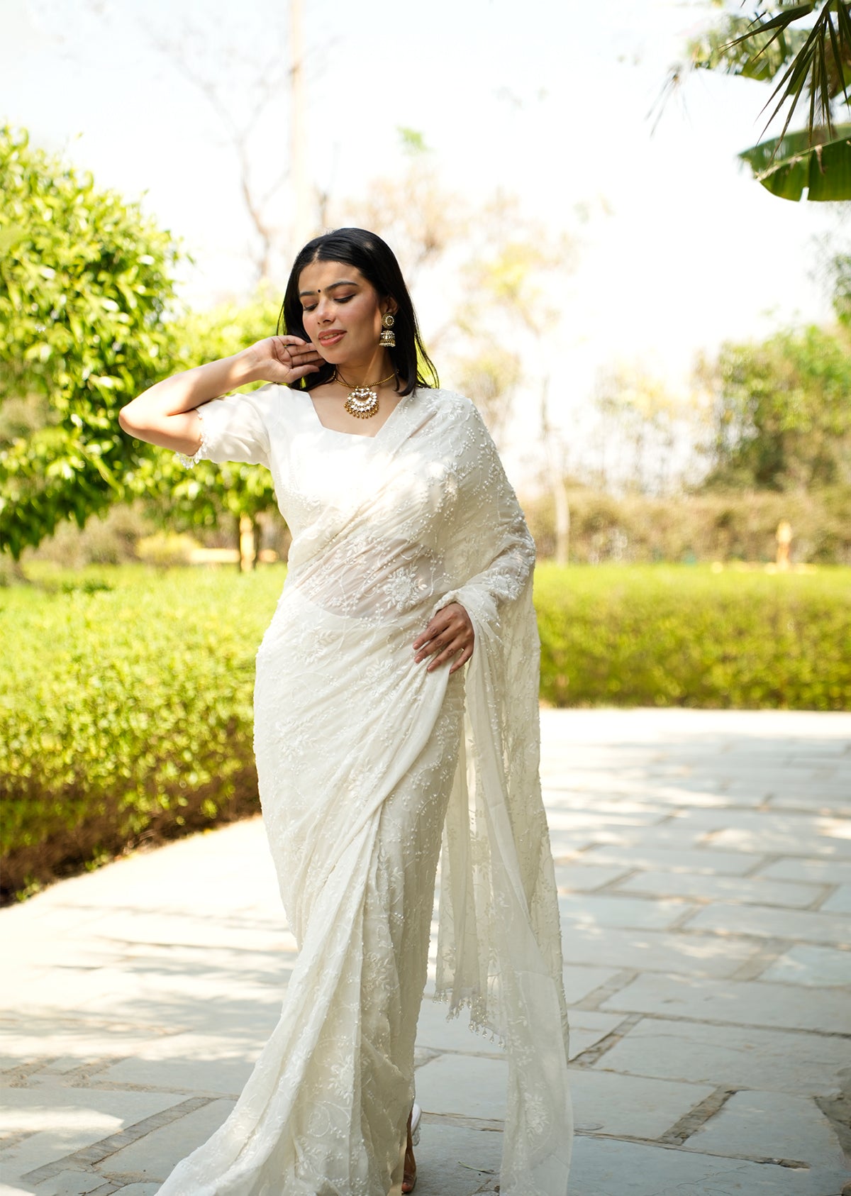 White Sequin Draped Saree with Elegant Blouse