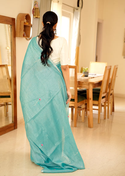 Aqua Whisper Handwoven Linen Saree