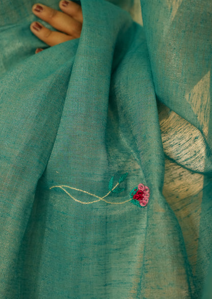 Aqua Whisper Handwoven Linen Saree
