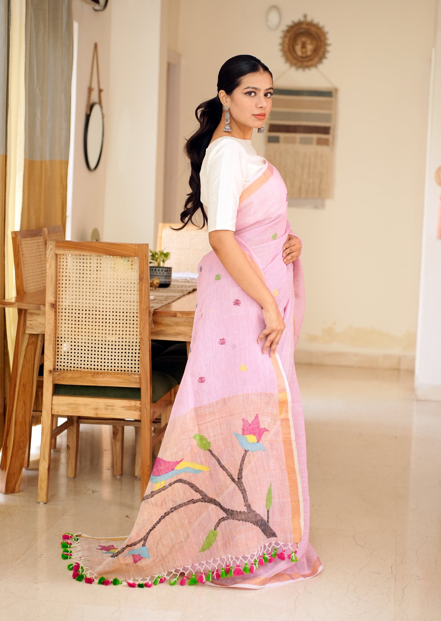 Blush Pink Handpainted Paithani Linen Saree