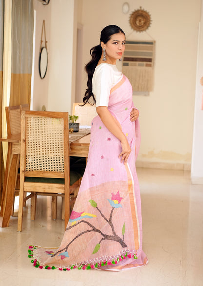 Blush Pink Handpainted Paithani Linen Saree
