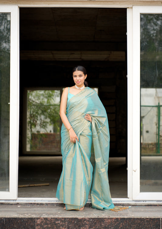 Dual Tone Blue & Gold Handwoven Tissue Saree