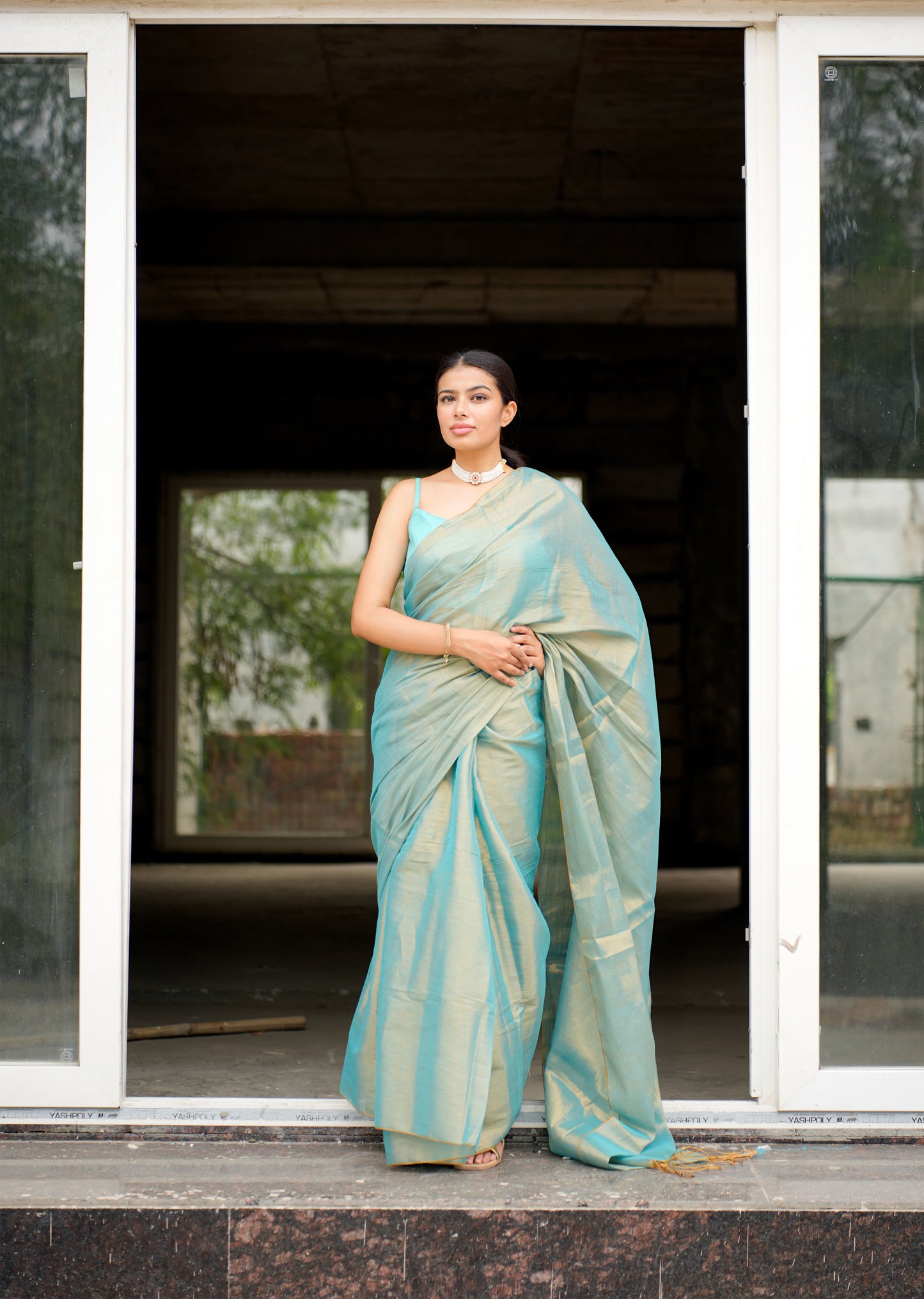 Dual Tone Blue & Gold Handwoven Tissue Saree