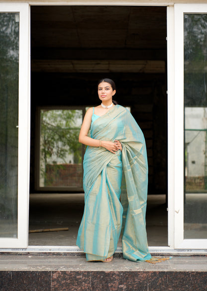 Dual Tone Blue & Gold Handwoven Tissue Saree