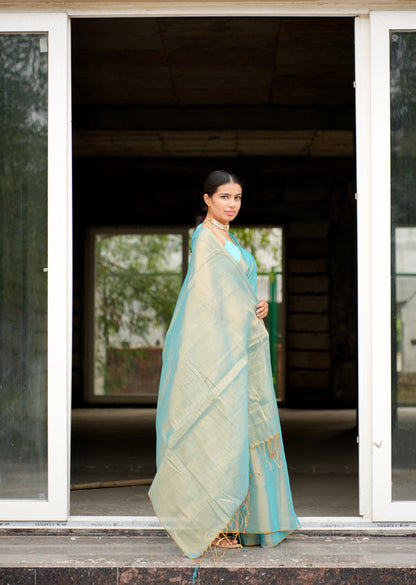 Dual Tone Blue & Gold Handwoven Tissue Saree