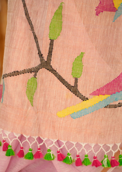 Blush Pink Handpainted Paithani Linen Saree