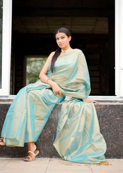 Dual Tone Blue & Gold Handwoven Tissue Saree