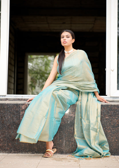 Dual Tone Blue & Gold Handwoven Tissue Saree