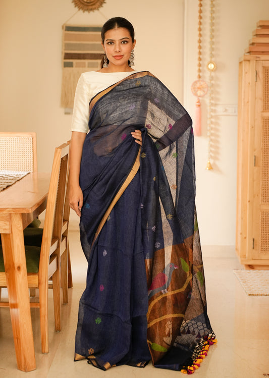 Midnight Blue Handpainted Paithani Linen Saree