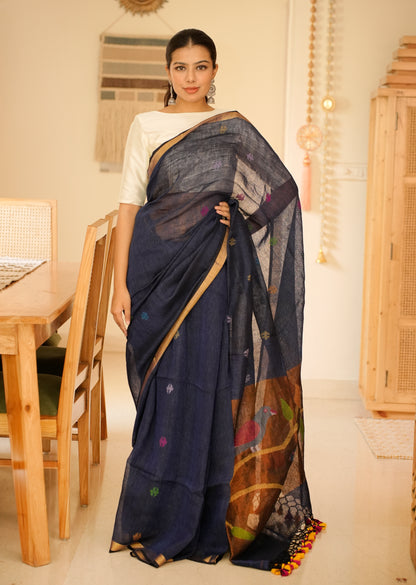 Midnight Blue Handpainted Paithani Linen Saree