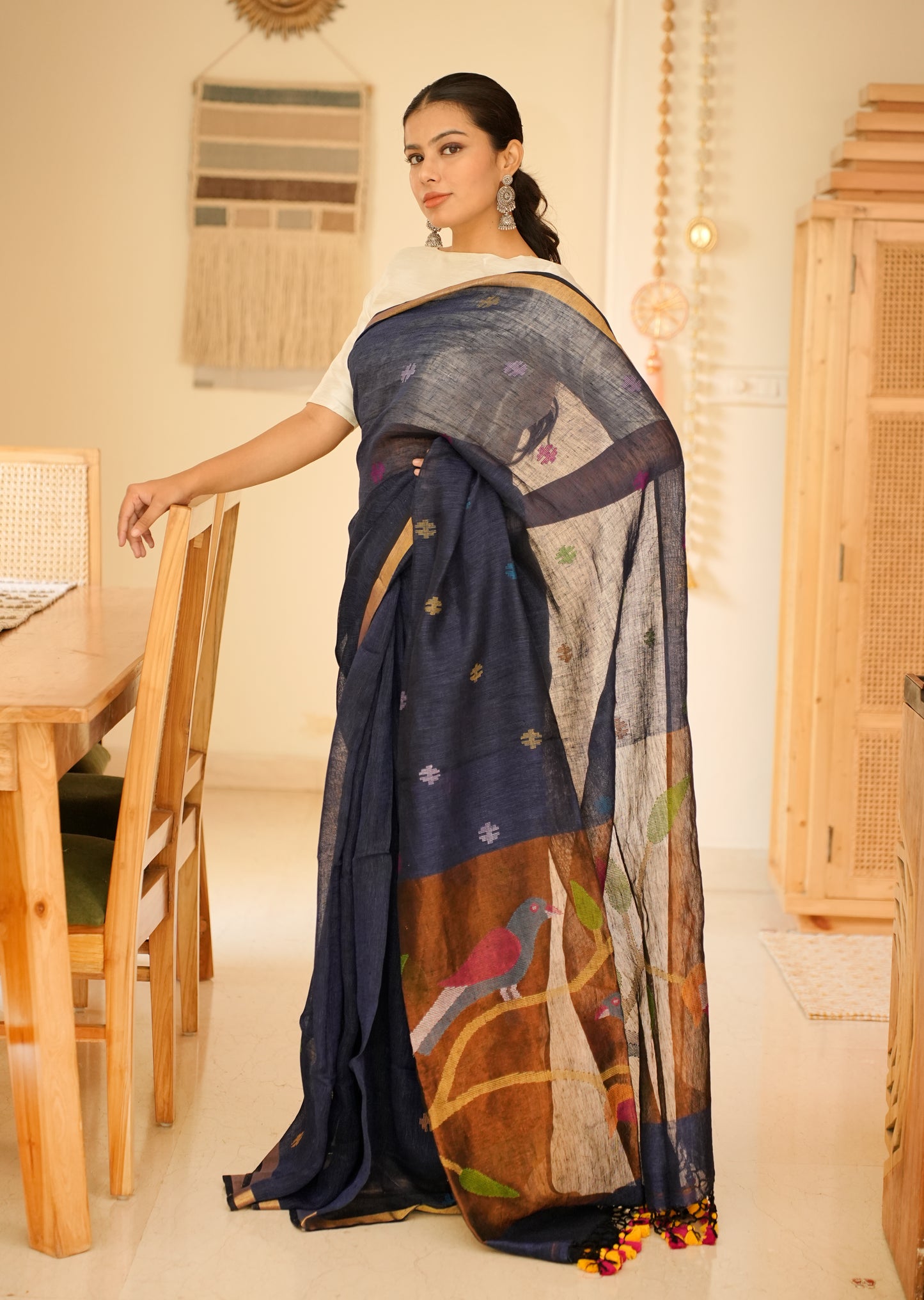 Midnight Blue Handpainted Paithani Linen Saree