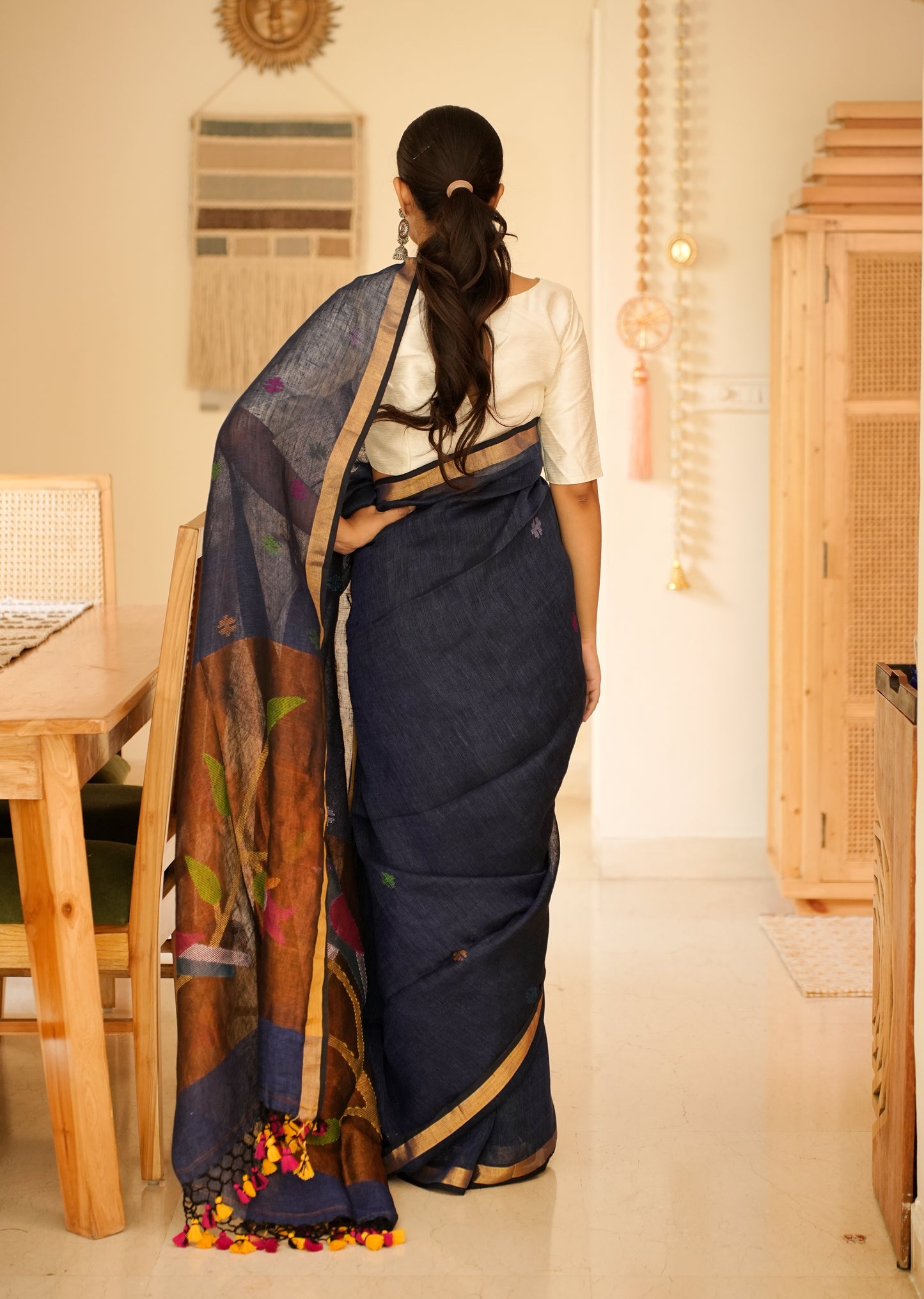 Midnight Blue Handpainted Paithani Linen Saree