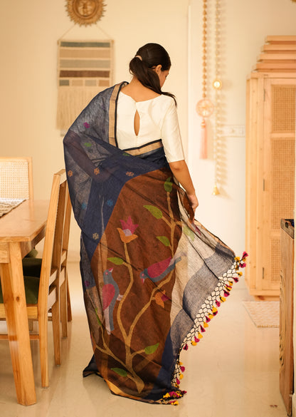 Midnight Blue Handpainted Paithani Linen Saree