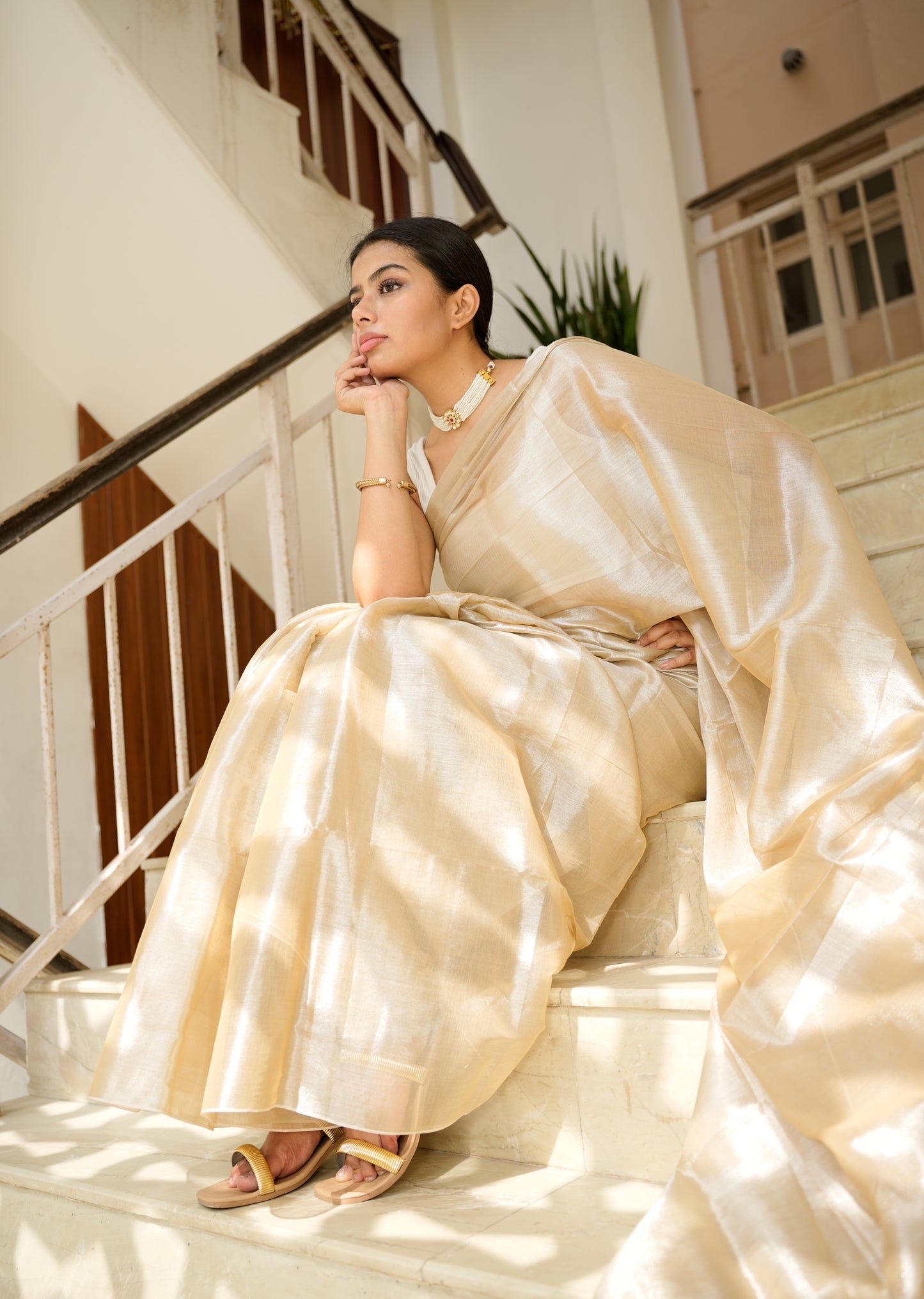 Champagne Glow Tissue Silk Saree