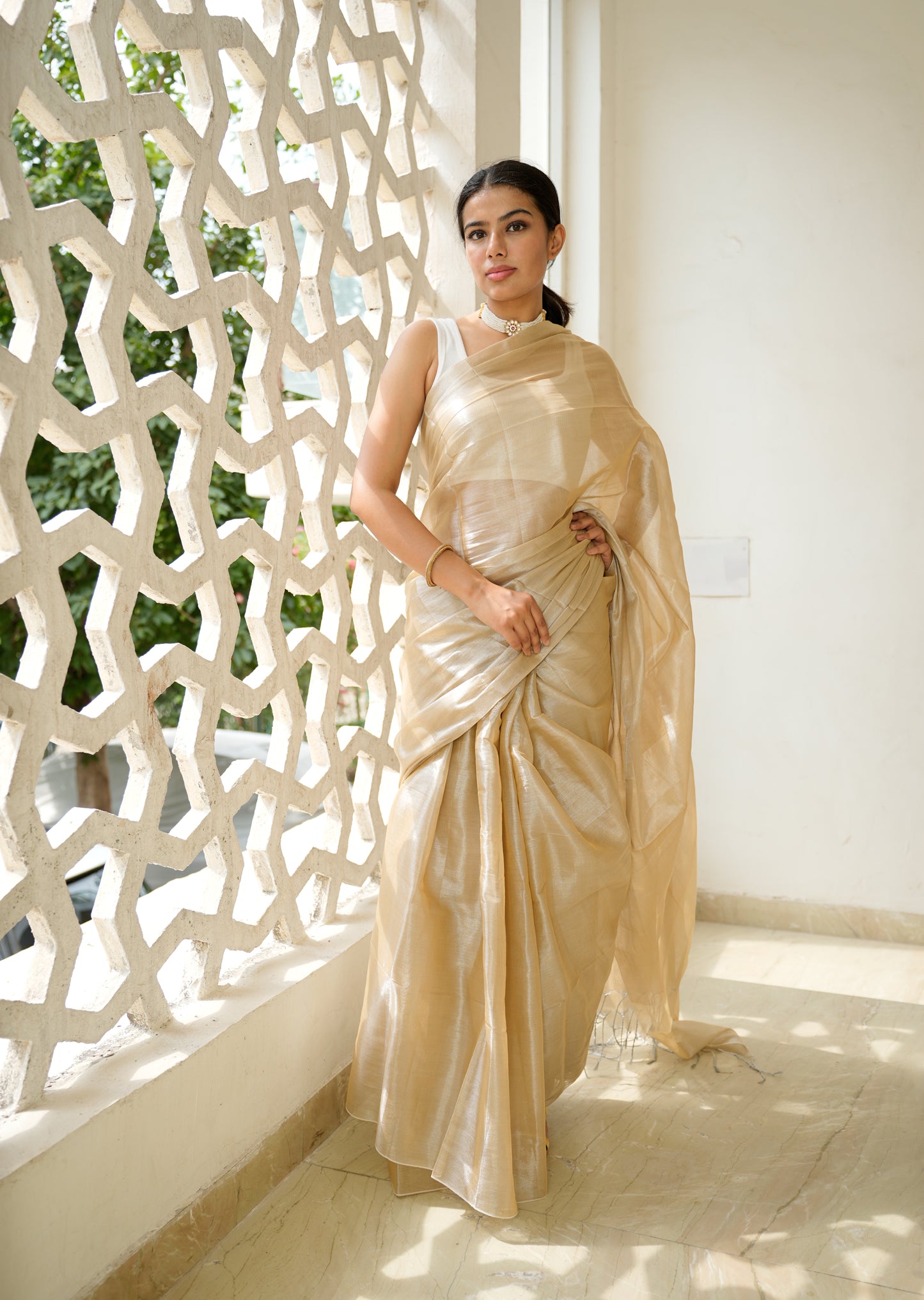 Champagne Glow Tissue Silk Saree