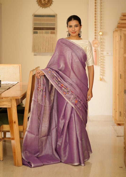 Lavender Bloom Linen Saree with Subtle Embroidery