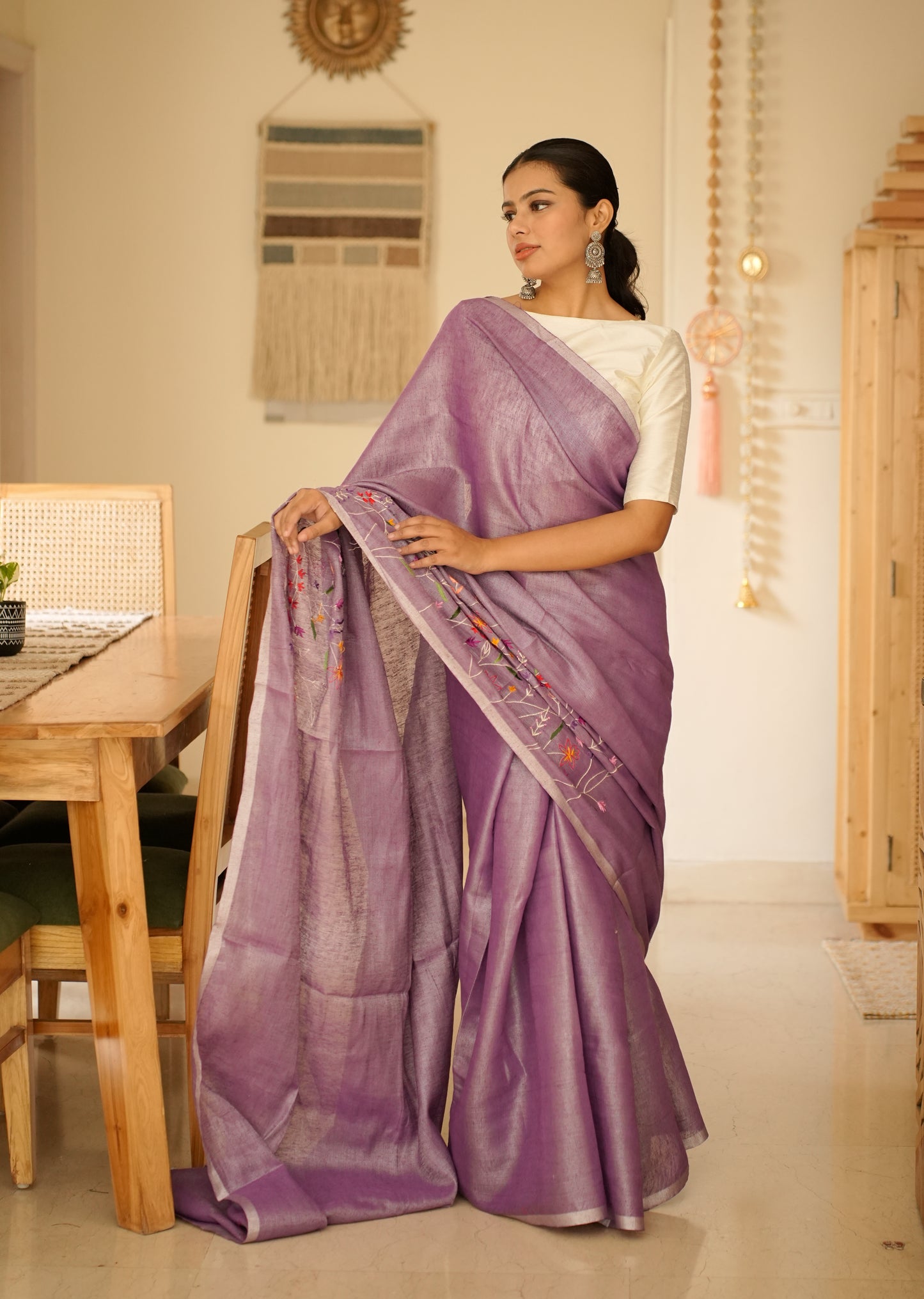 Lavender Bloom Linen Saree with Subtle Embroidery