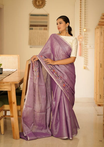 Lavender Bloom Linen Saree with Subtle Embroidery