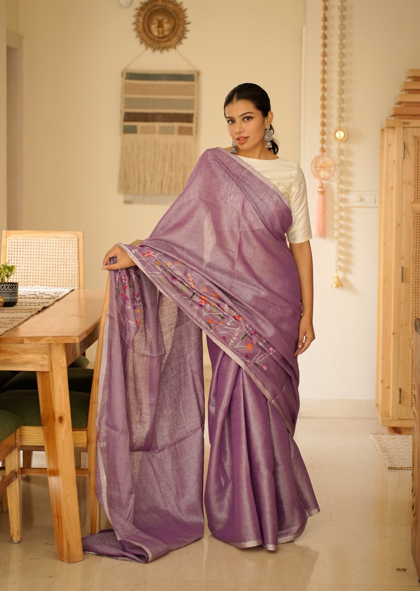 Lavender Bloom Linen Saree with Subtle Embroidery