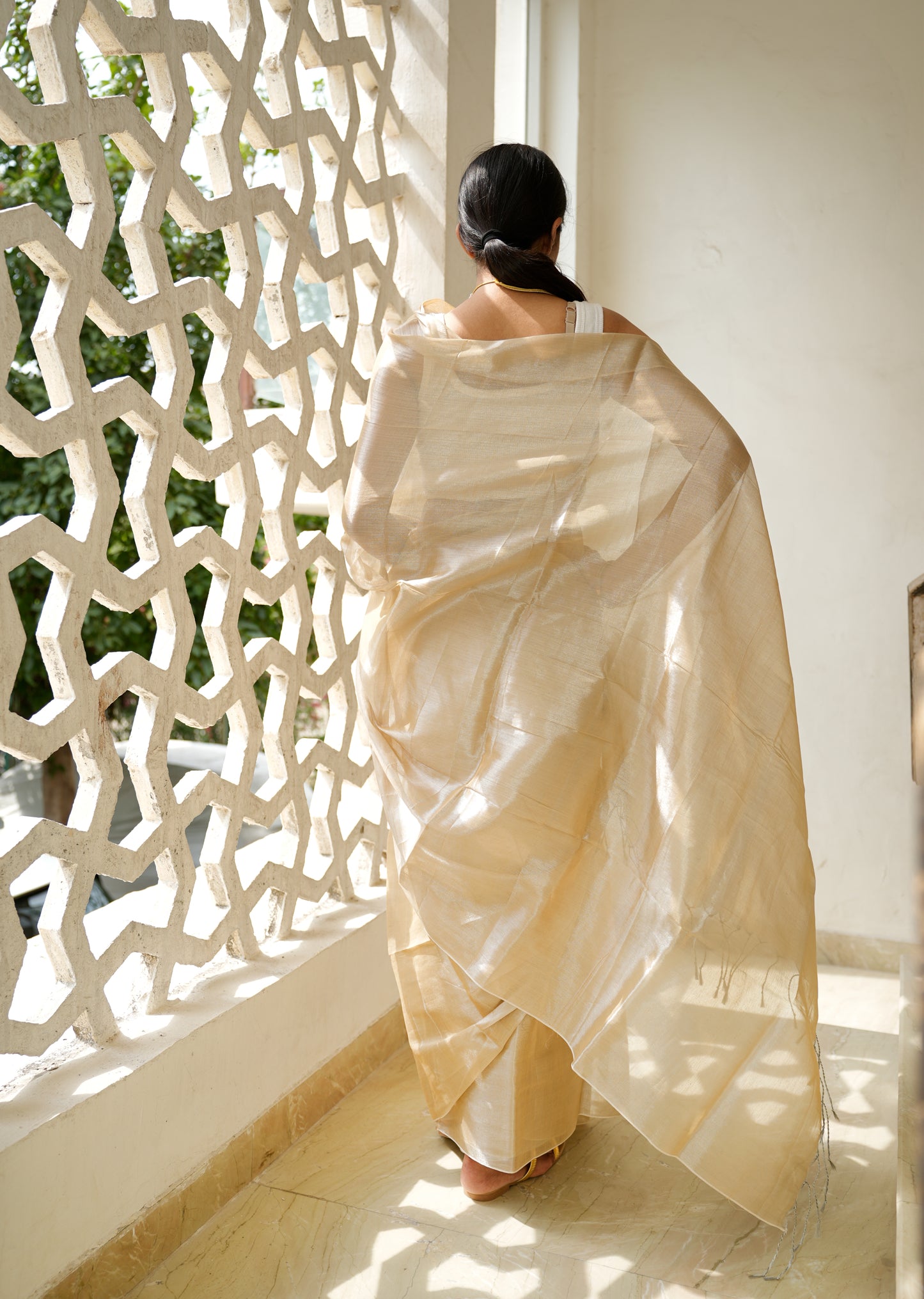 Champagne Glow Tissue Silk Saree