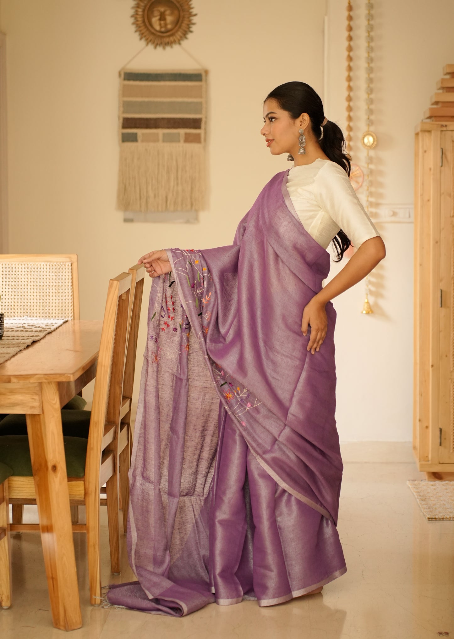 Lavender Bloom Linen Saree with Subtle Embroidery